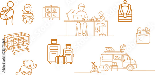 Charming collection of vintage style sketchy illustrations depicting people furniture and still life objects with soft color accents