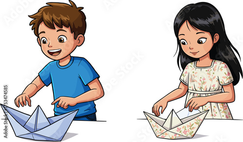 Cartoon, children, paper boat, folding, creativity, art, playful, education, learning, craft, boy, girl, teamwork, expression, colorful, hands-on activity, imagination, classroom, fun, gesture
