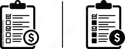 Financial Checklist: Two simple, graphic representations of checklists with dollar sign icons, symbolizing financial planning and decisions.