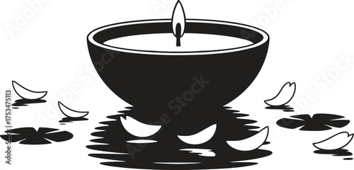 Black and white illustration of a lit candle with floating flower petals
