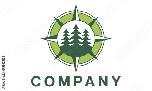 Green compass logo with pine trees 