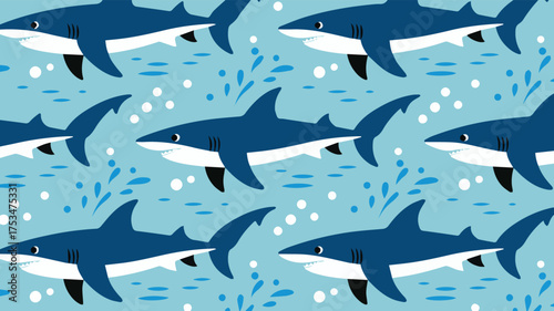 Vector art of seamless pattern of cartoon sharks swimming in a light blue ocean background
