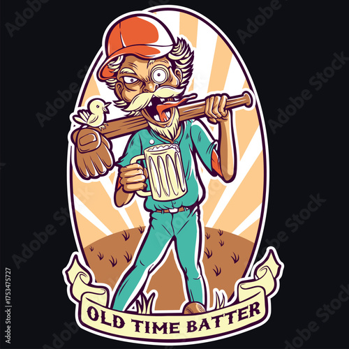 Cartoon retro illustration of a worker man with a gun or holding a bottle of wine and a woman in vector art style sport