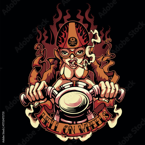 Abstract vector background with a skull illustration in grunge tattoo design featuring fire and evil symbols
