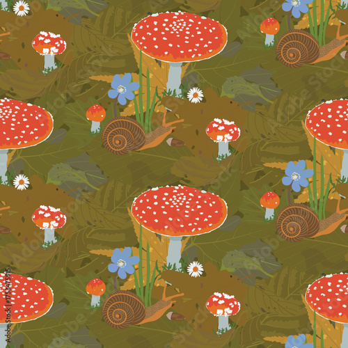 Close look of forest floor seamless pattern with red mushrooms and scattered green leaves