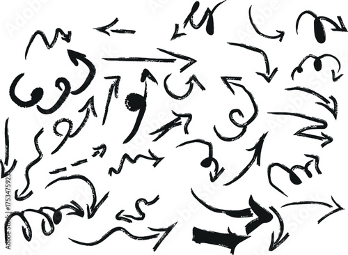 A collection of handdrawn, sketchy arrows in various shapes and directions, isolated on a white background