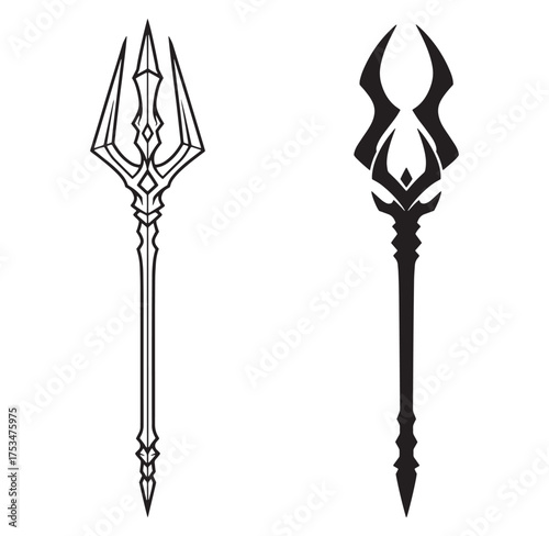 Two stylized black and white trident and staff designs for decorative or fantasy purposes