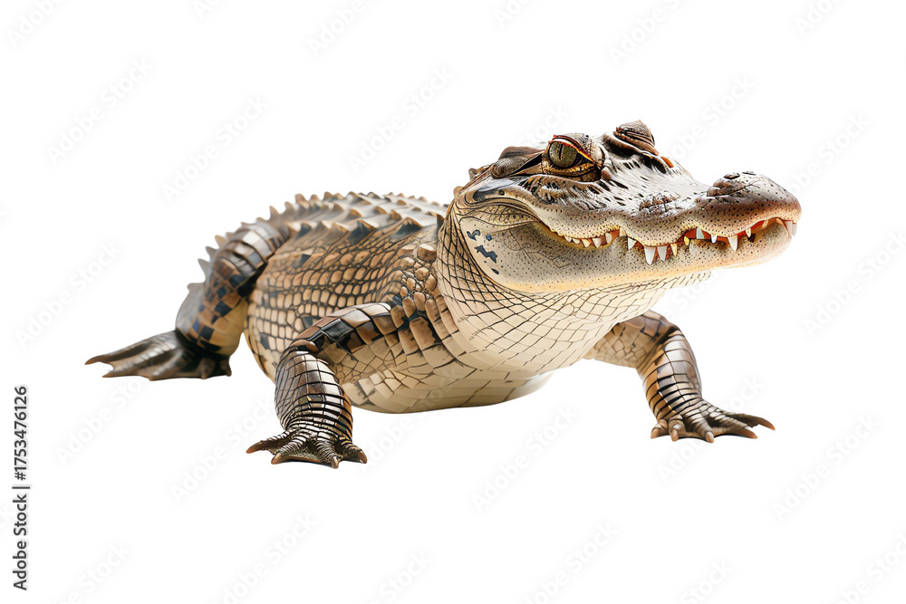 Naklejka premium Crocodile on white background, showcasing its detailed scales and powerful jaws.