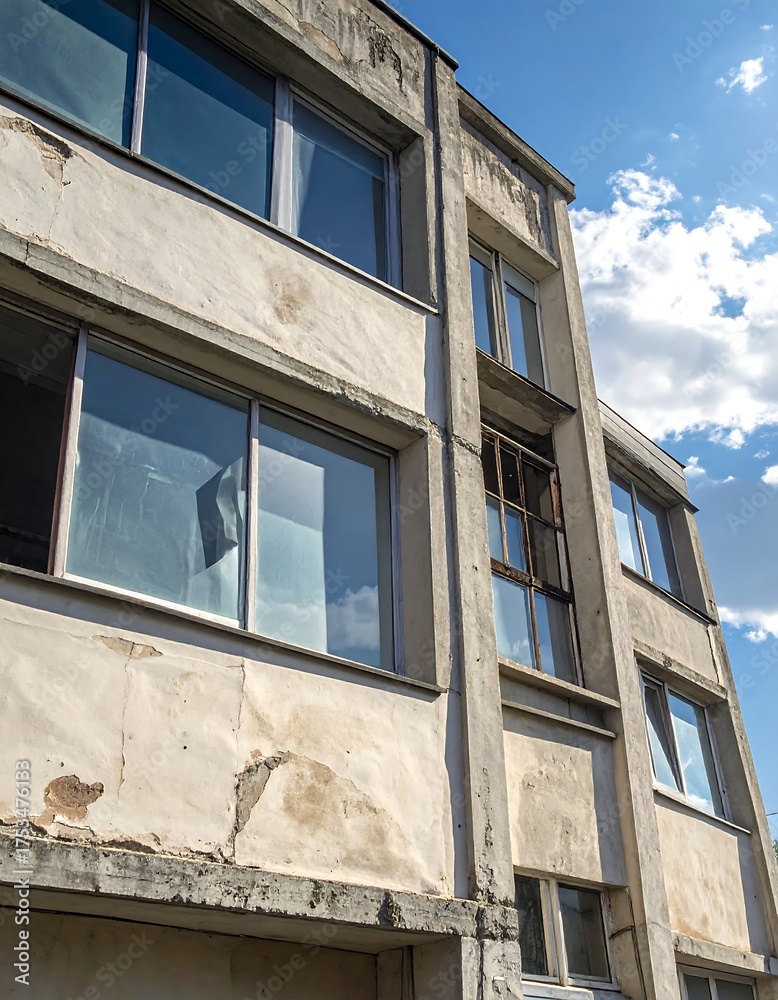 Obraz premium Angled view of a decaying concrete building, against a sunny sky