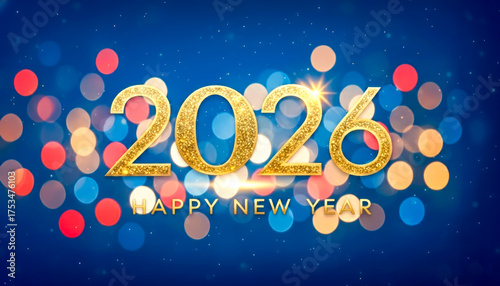 Happy New Year Card. Golden 2026 Text With Bokeh Lights On Blue Background. Concept Of New Year Celebration, Festive Greeting Card, Winter Party Invitation, And Seasonal Event Promotion