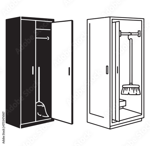 Vector illustration depicting cleaning equipment stored inside two different closets or cabinets