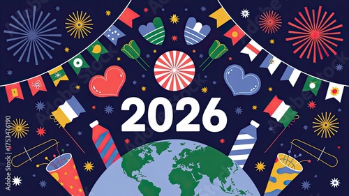 Vibrant vector illustration showcasing the year 2026, adorned with colorful flags, festive garlands, and dazzling fireworks, set against a deep blue backdrop, symbolizing global unity and celebration.