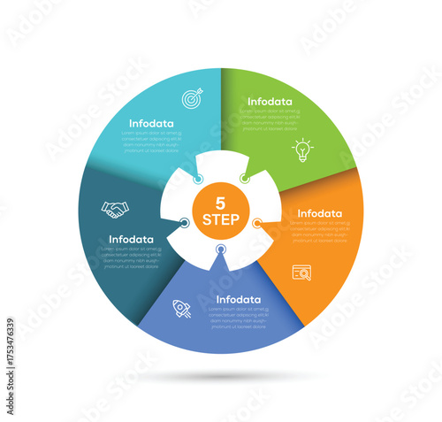 Business visualization infographic circle design template with 5 options or steps with icon. Business presentation.  Can be used for diagram, workflow layout, chart.