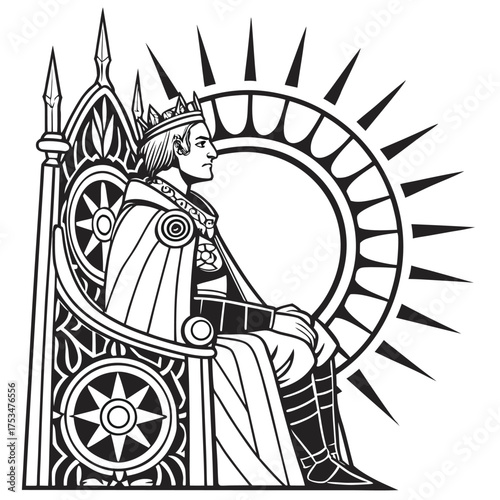 Majestic sun king illustration a regal celestial monarch seated on a throne radiating power and light perfect for historical or fantasy themes