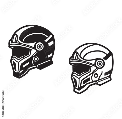 Vector illustration of two futuristic space helmets in black and white design.