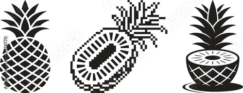 Black and white illustration of a whole pineapple and two pineapple halves