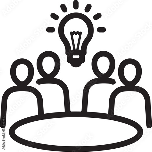 Vector art of a group of people sitting around a table with a light bulb above them, representing brainstorming, teamwork, and idea generation concept of collaboration and innovation on
