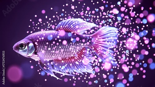 Vibrant purple fish with flowing fins surrounded by glowing bokeh light particles on a dark background