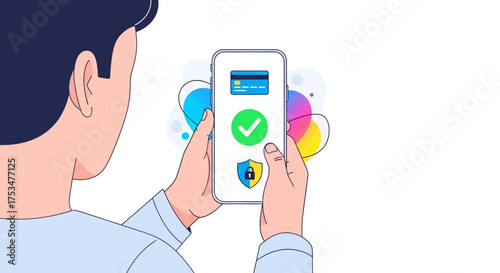 Secure Mobile Payment Illustration of a Person Using a Phone with a Green Checkmark and Shield