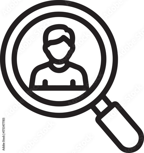 Vector art of a magnifying glass focusing on a person, , symbolizing recruitment, search, and identification of talent or individuals for a specific purpose or opportunity on