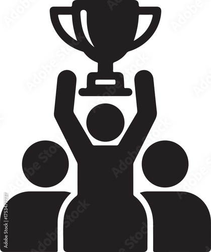 Vector art of a team of three people is celebrating a victory, with one person holding a trophy above their head, this image represents teamwork, success, and achievement in a simple and iconic way on