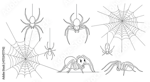A collection of intricately drawn spiders and their delicate webs in a linear art style.