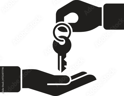 Hand passing a key to another hand in a simple silhouette icon