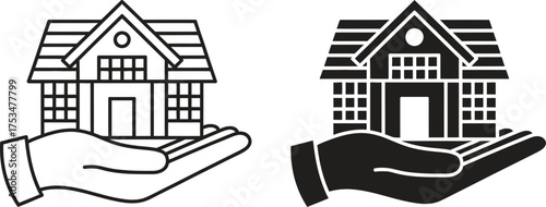 Two stylized houses resting on open hands one outlined and one solid black