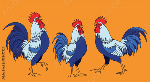 Three colorful roosters are standing proudly on an orange background in a flat illustration style.