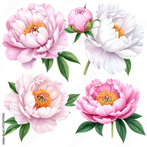 Digitally rendered peonies pinks and whites in bloom, one bud, with green foliage