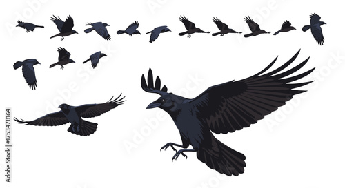 A collection of pixelated flying crow animations showing wing movements and flight patterns.