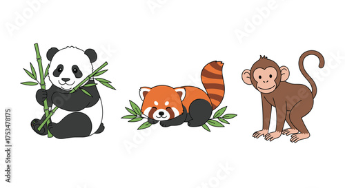 A cute panda a playful red panda and a curious monkey resting peacefully in a natural setting.