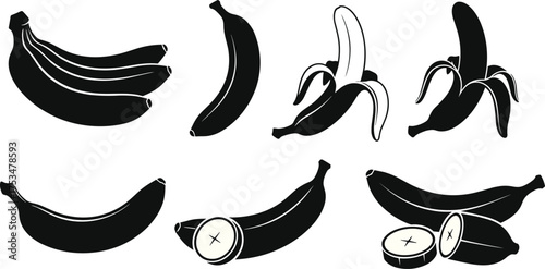 Banana silhouettes, fruit vector, ripe banana, tropical fruit, black icon, banana clipart, sliced banana, banana bunch, food illustration, graphic art
