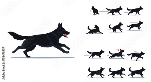 Pixel art animation sequence showcasing a black dog running in various poses.