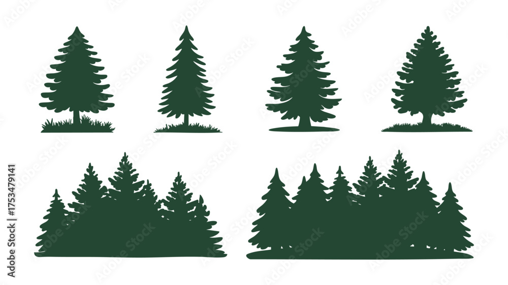 Obraz premium Collection of dark green evergreen tree silhouettes on white background
