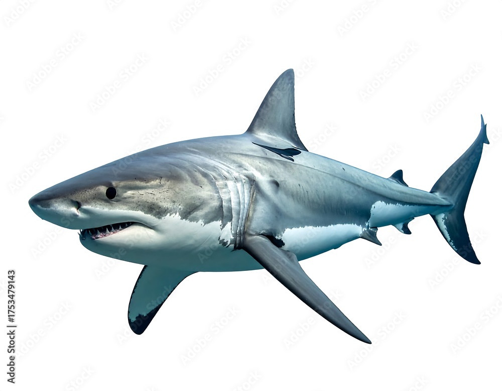 Naklejka premium A striking close-up of a great white shark isolated against a white background. The shark's teeth and fins are clearly visible