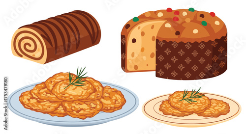 A delicious assortment of baked goods and fried treats featuring a swiss roll cake and fruit bread.