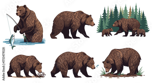 Collection of pixel art illustrations depicting brown bears in various natural settings and activities.