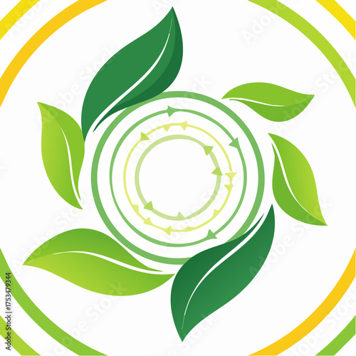Green energy cycle with leaves and arrows.