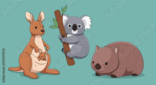 Adorable cartoon marsupials including a kangaroo a koala and a wombat together.