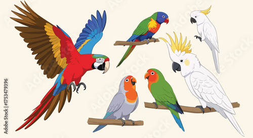 A vibrant collection of exotic parrots perched and flying in an artistic pixelated illustration.