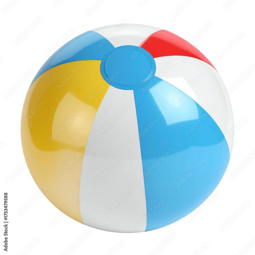Obraz premium A vibrant, glossy beach ball with colorful panels floats against a solid black background