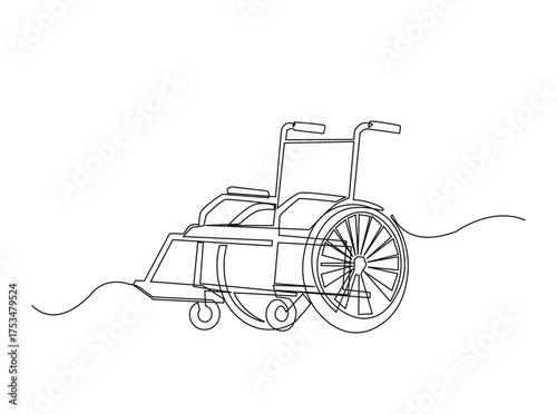 Wheelchair in single outline illustration. Continuous line art drawing of wheelchair - disability equipment. Editable stroke.