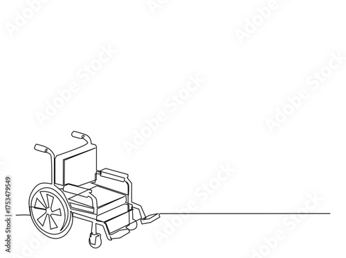 Wheelchair in single outline illustration. Continuous line art drawing of wheelchair - disability equipment. Editable stroke.
