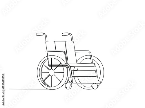 Wheelchair in single outline illustration. Continuous line art drawing of wheelchair - disability equipment. Editable stroke.