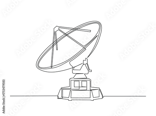 Parabolic antena disc  in single outline illustration. Continuous line art drawing of Satellite disc. Editable stroke.