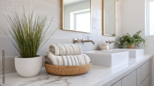 Modern Bathroom Interior Design with Luxurious Towels and Greenery Against a Bright Window