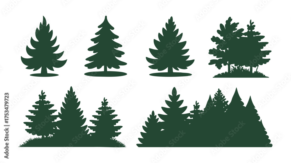 Obraz premium Collection of dark green pine tree silhouettes on a white background