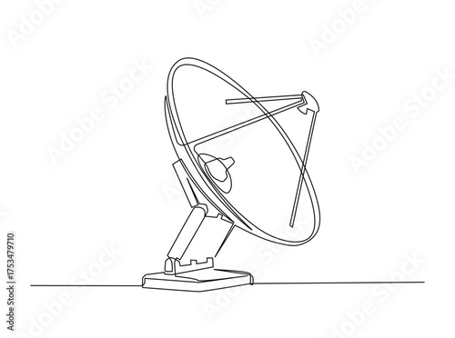 Parabolic antena disc  in single outline illustration. Continuous line art drawing of Satellite disc. Editable stroke.