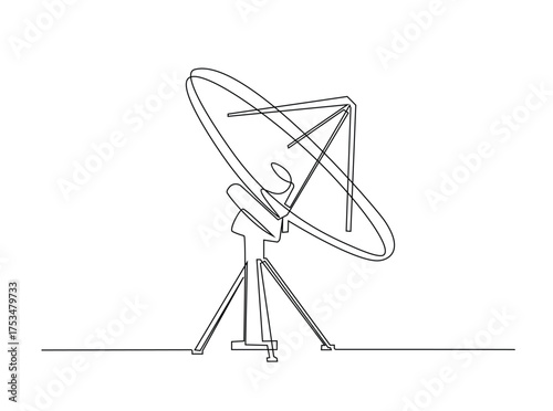 Parabolic antena disc  in single outline illustration. Continuous line art drawing of Satellite disc. Editable stroke.